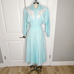 VTG 80's IIF Western Midi Maxi Dress Sky Blue White Sequins Size 8